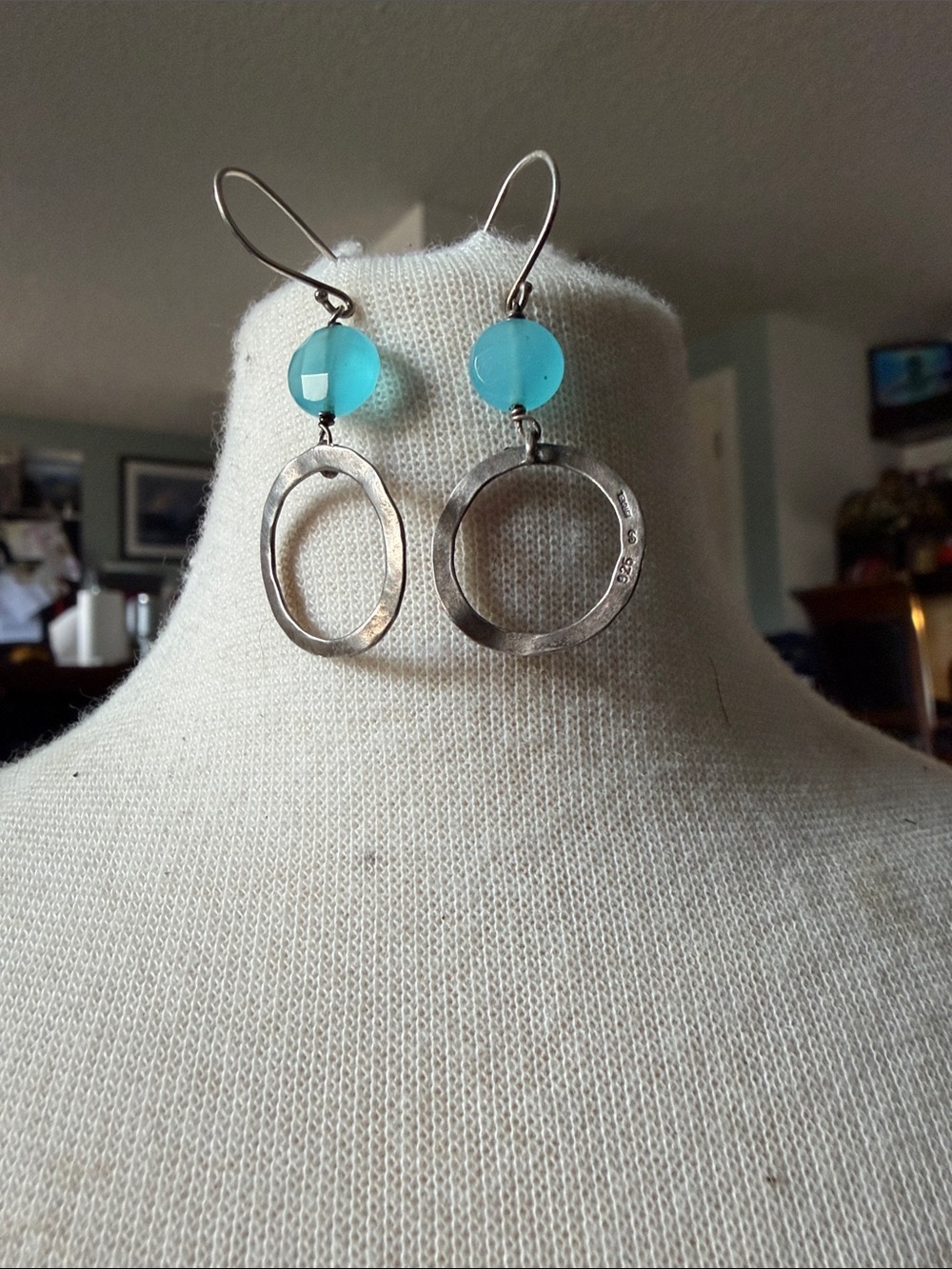 Sterling SilverStamped 925 Hoop Earrings with Aqua Blue Beads